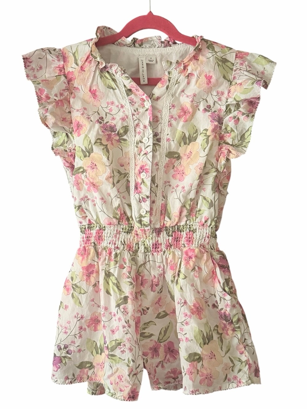 Janie and Jack Garden Getaway White Pink Green Floral Romper Girls 8